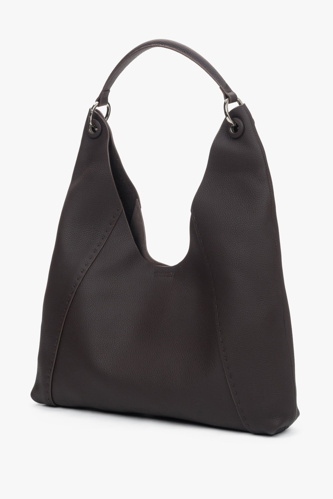 Genuine leather dark brown hobo bag for women with magnetic snap closure and velour lining.