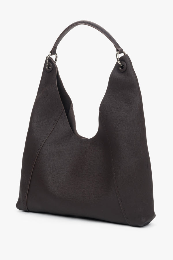 Genuine leather dark brown hobo bag for women with magnetic snap closure and velour lining.