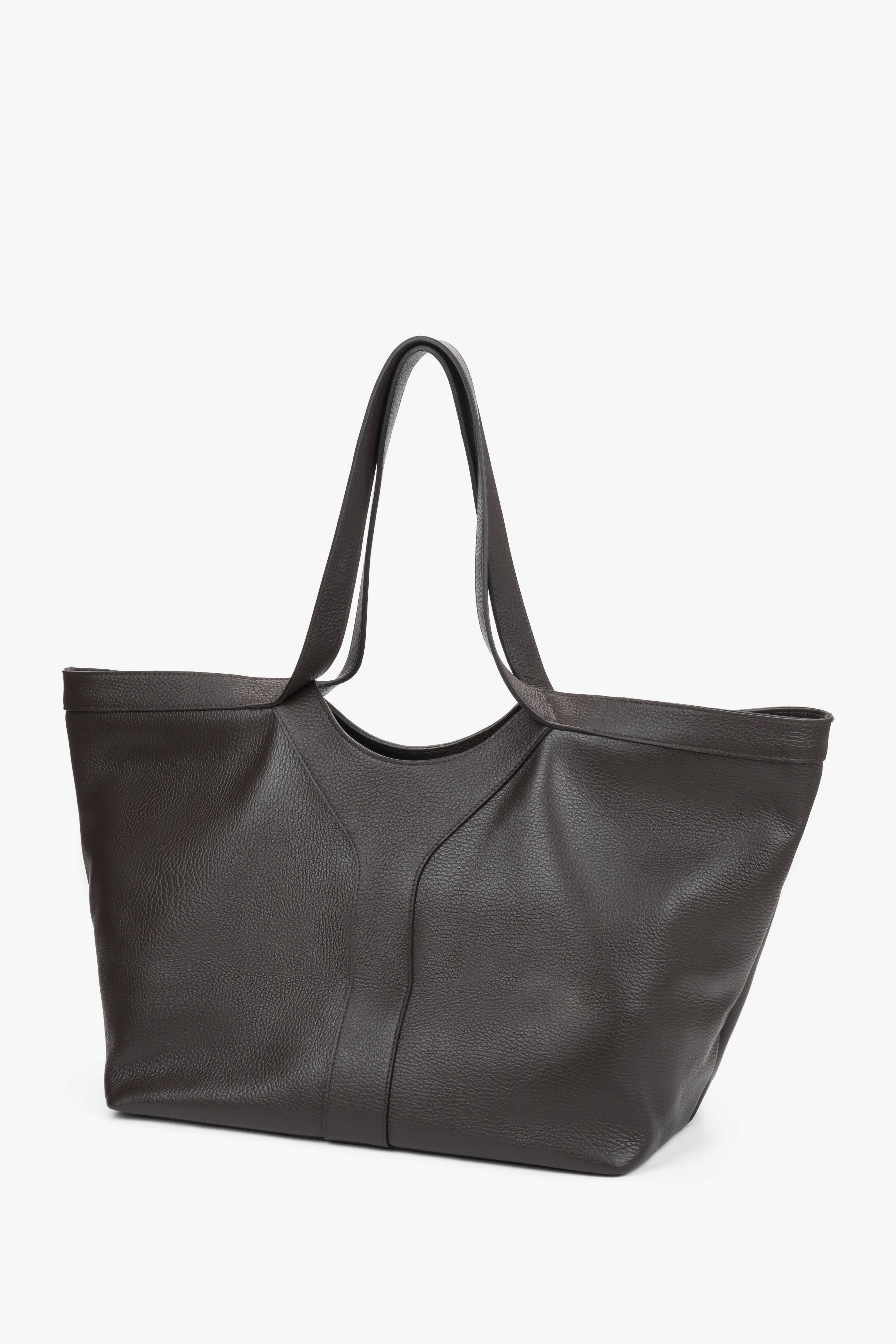 Women’s shopper bag, dark brown, Italian premium genuine leather, Estro.
