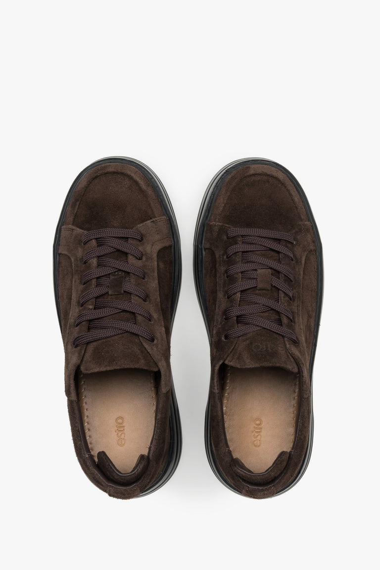 Dark brown premium Italian velour women's chunky sneakers, Estro.