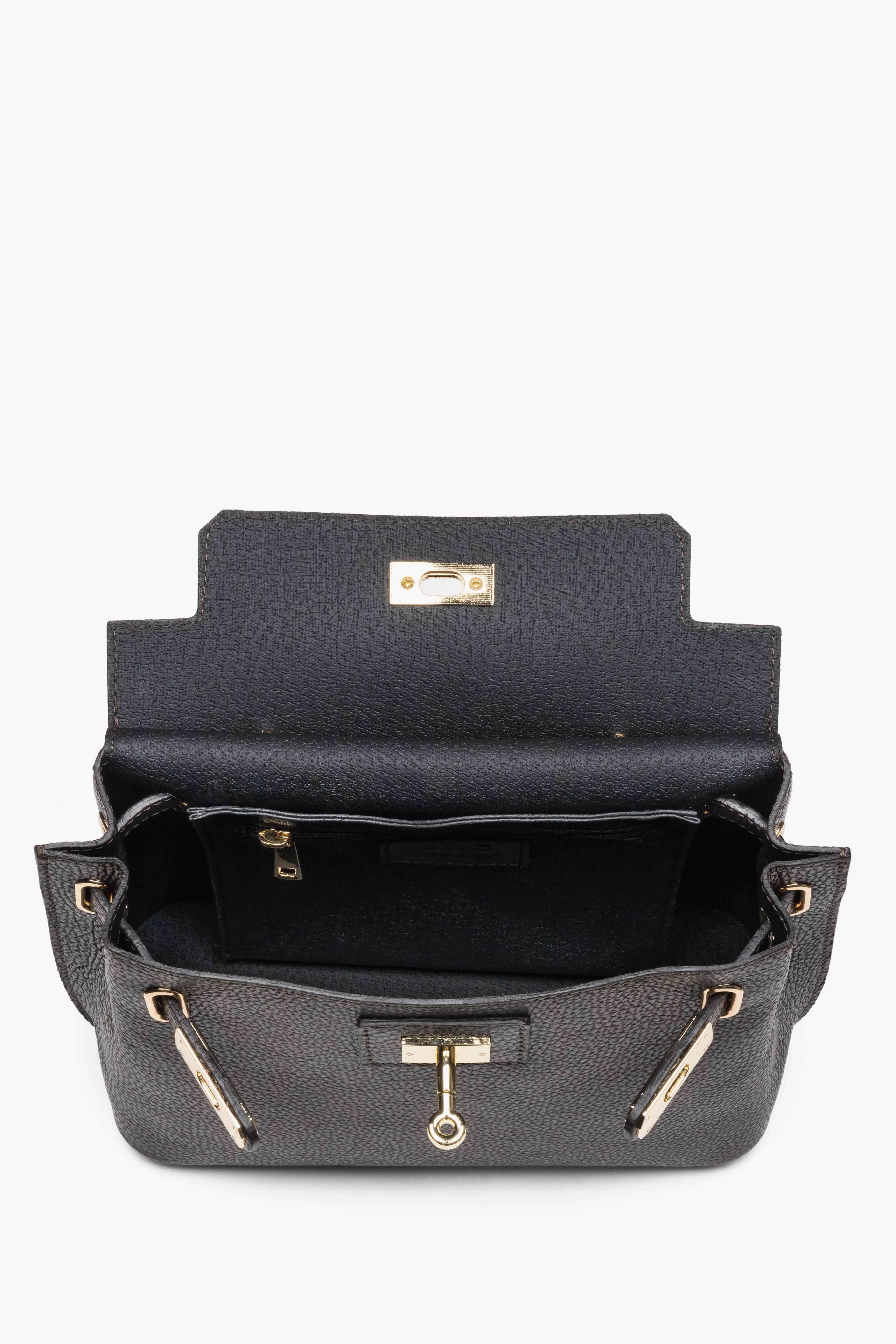 Women’s satchel bag, dark brown, Italian premium textured genuine leather, Estro.