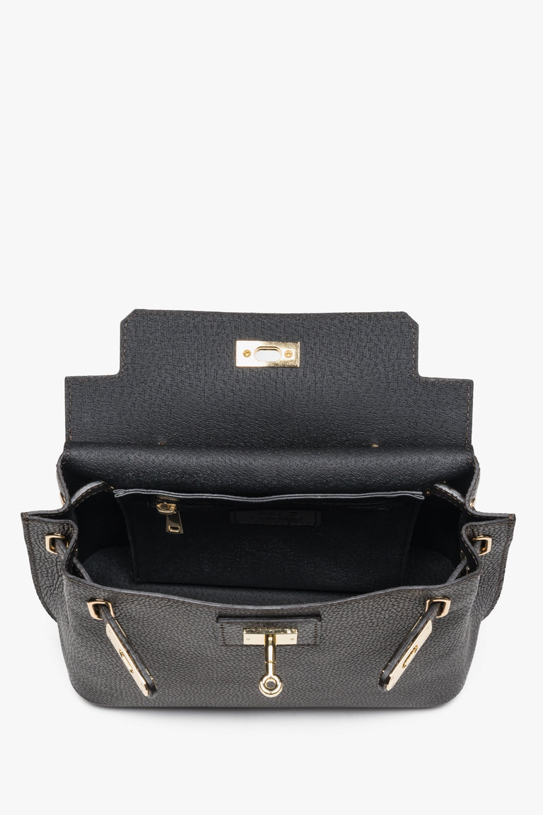 Women’s satchel bag, dark brown, Italian premium textured genuine leather, Estro.
