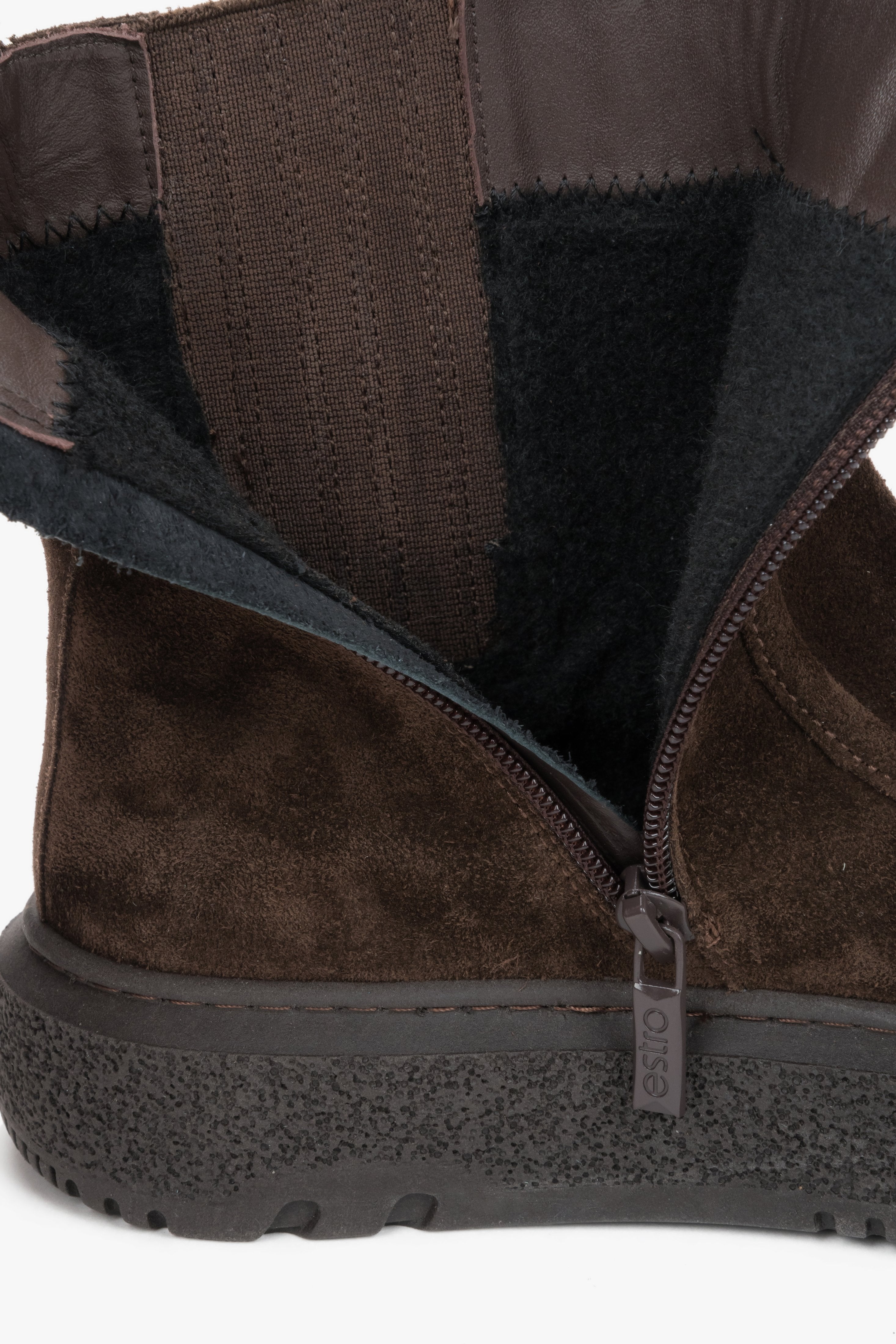 Women's dark brown velour ankle boots Estro - close-up of texture and thick sole details.