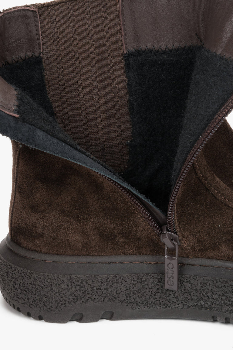 Women's dark brown velour ankle boots Estro - close-up of texture and thick sole details.