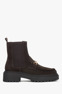 Women's Dark Brown Italian Velour Chelsea Boots with Gold Buckle Estro ER00118502.