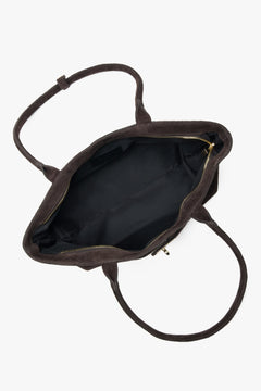 Women's dark brown tote handbag made of Premium Italian Genuine Velour with long handles Estro ER00118347.