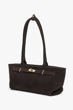Women's dark brown tote handbag made of Premium Italian Genuine Velour with long handles Estro ER00118347.