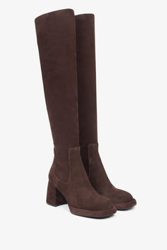 Elegant dark brown knee-high boots crafted from genuine Italian velour with a refined stretch shaft for a sleek, fitted look.