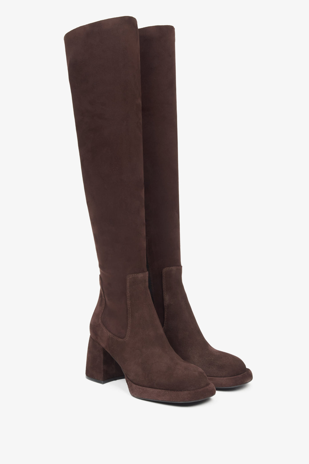 Elegant dark brown knee-high boots crafted from genuine Italian velour with a refined stretch shaft for a sleek, fitted look.