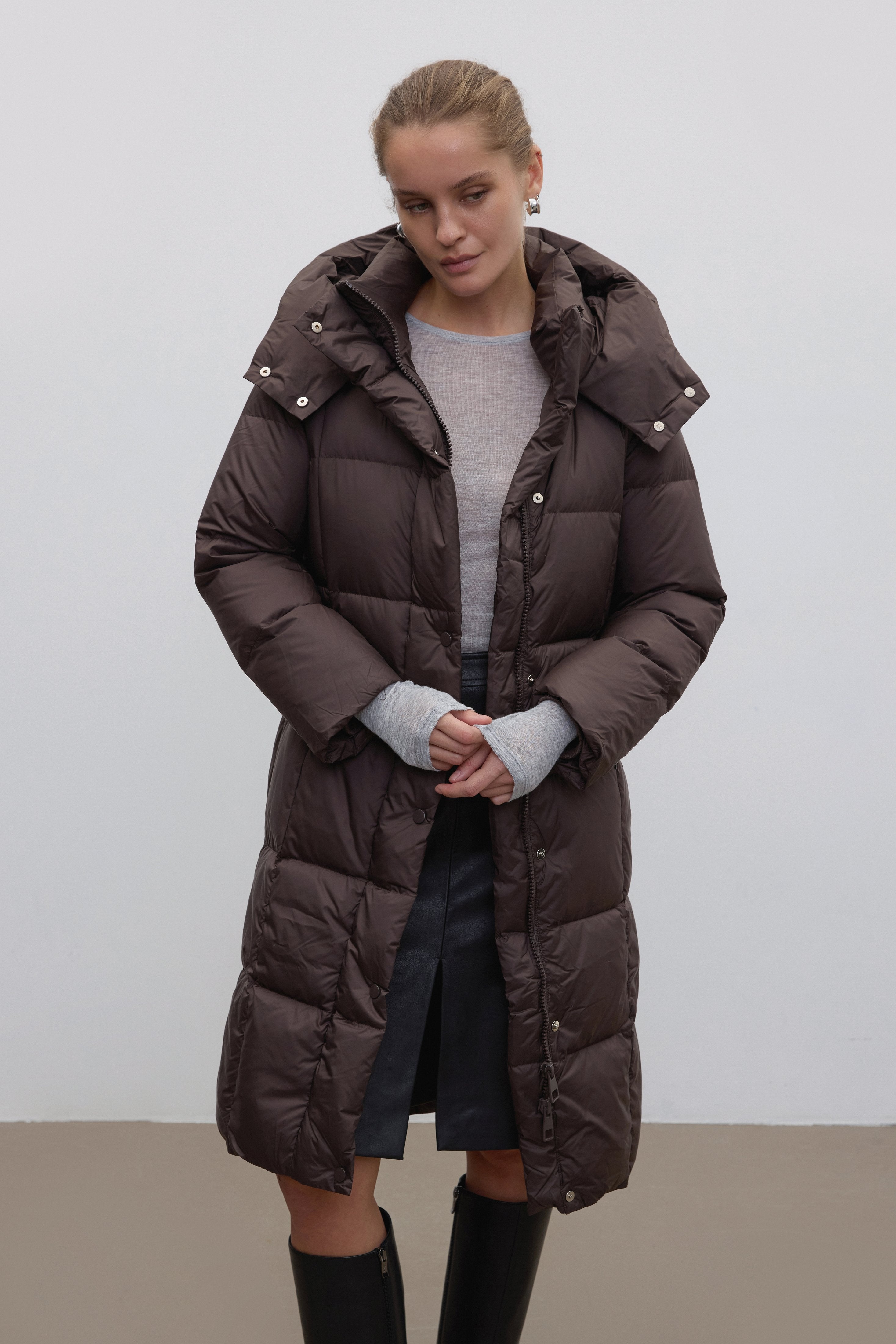 Women’s Dark Brown Knee-Length Winter Down Jacket with Goose Filling Estro ER00118488.