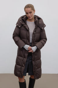 Women’s Dark Brown Knee-Length Winter Down Jacket with Goose Filling Estro ER00118488.