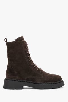 Women's Dark Brown Lace-Up Ankle Boots with Chunky Soles in Premium Italian Genuine Velour Estro ER00120802.