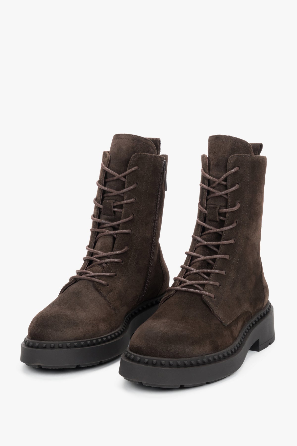 Women's lace-up ankle boots in premium Italian genuine velour, brown, by Estro.