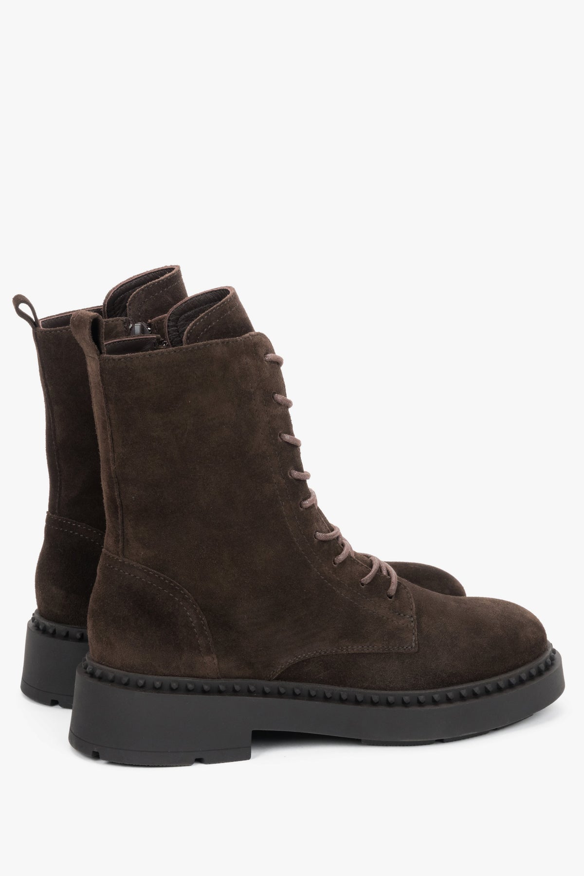 Elegant women's brown lace-up velour ankle boots.