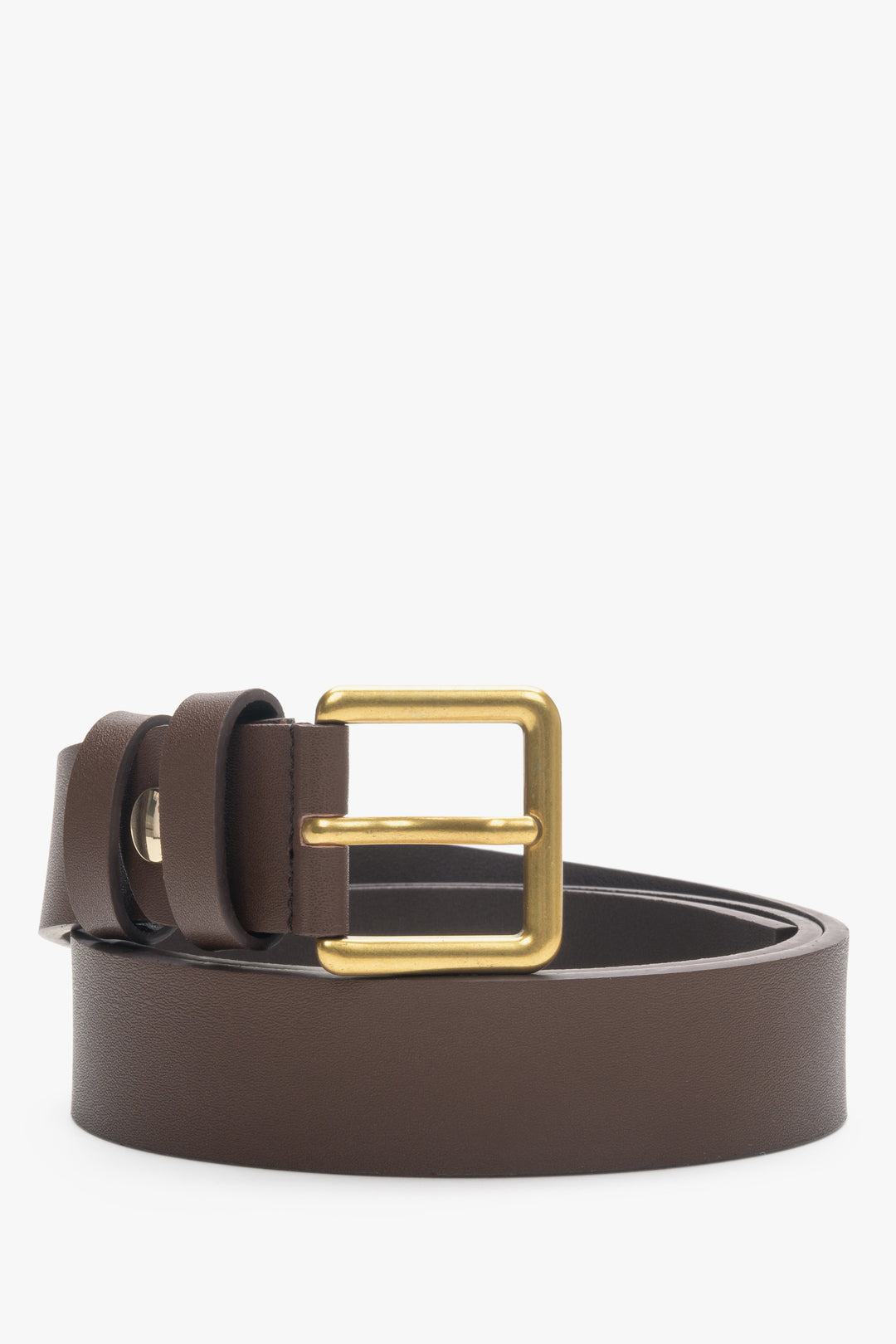 Women's Dark Brown Leather Belt with a Gold Buckle and a Tapered End Estro ER00113196.