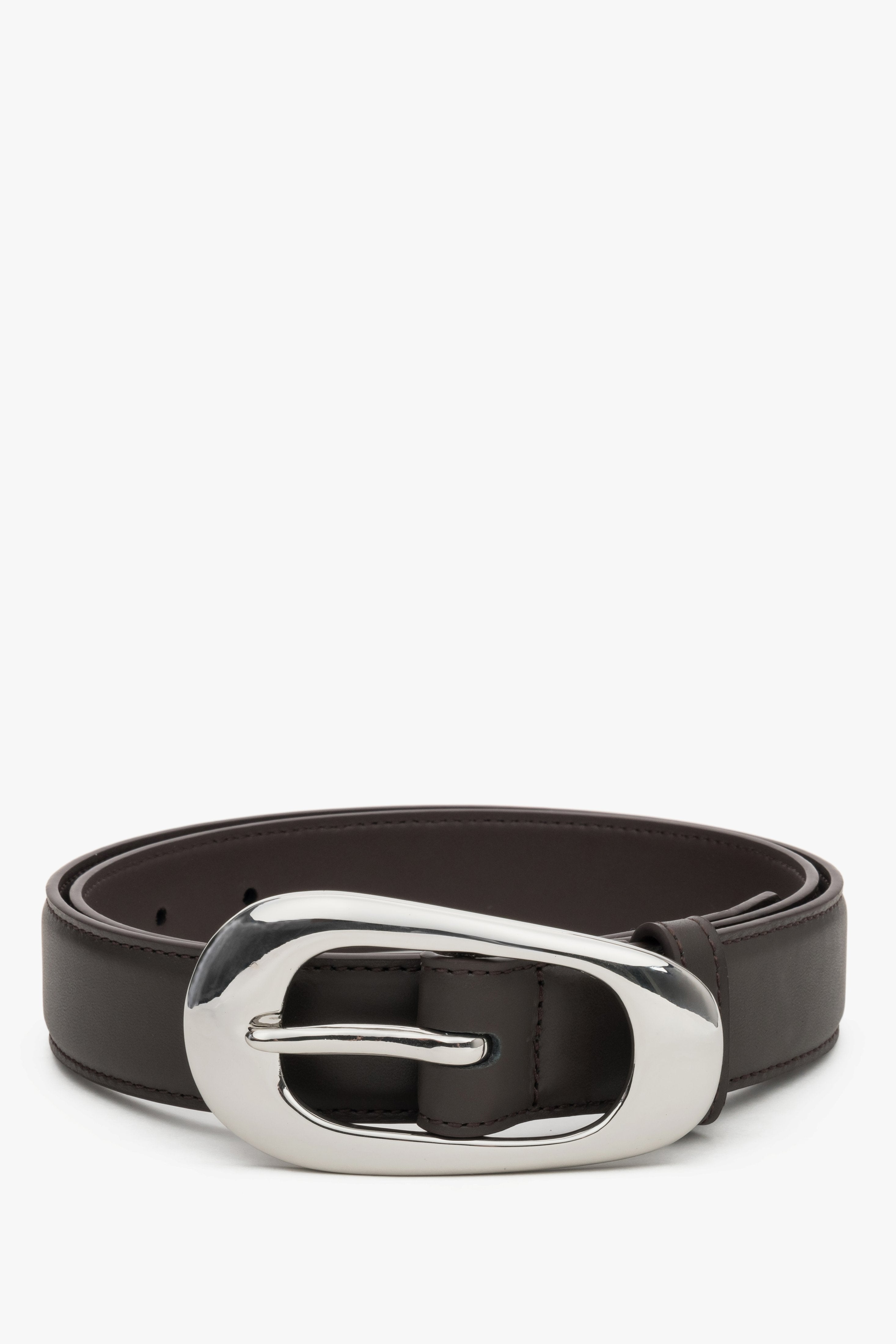 Women's Dark Brown Leather Belt with Smooth Texture & Large Oval Buckle Estro ER00120716