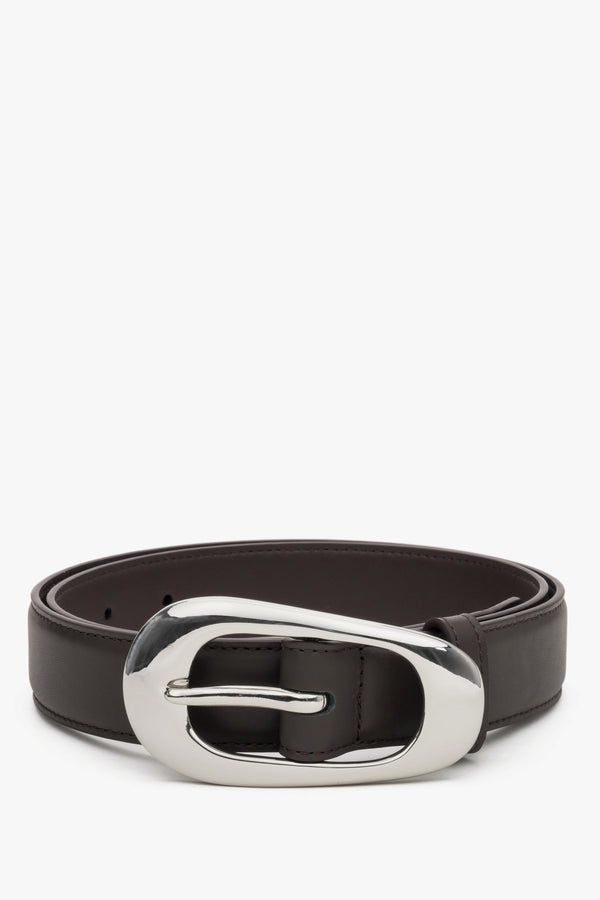 Women's Dark Brown Leather Belt with Smooth Texture & Large Oval Buckle Estro ER00120716