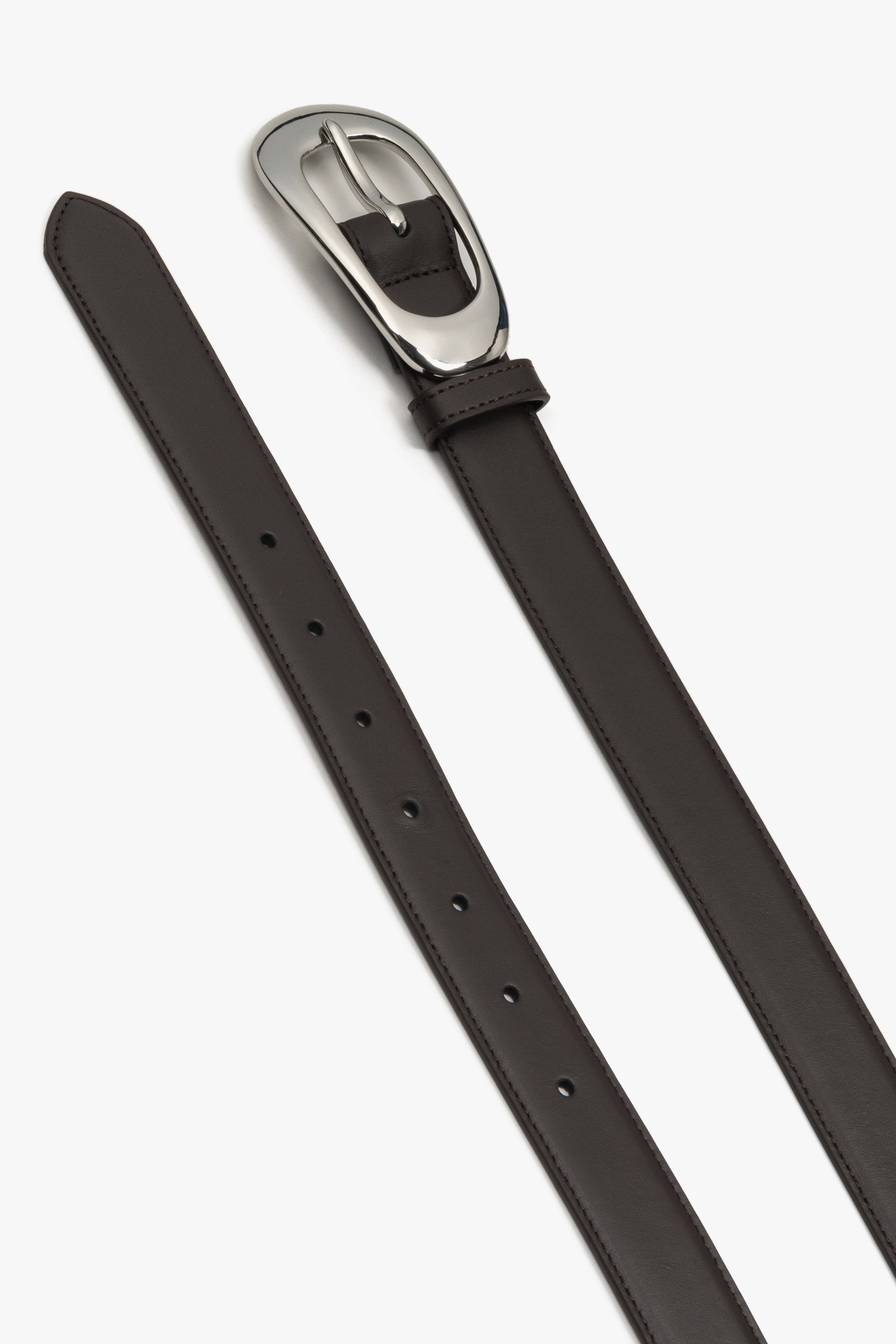Dark brown leather belt for women with a large oval buckle.