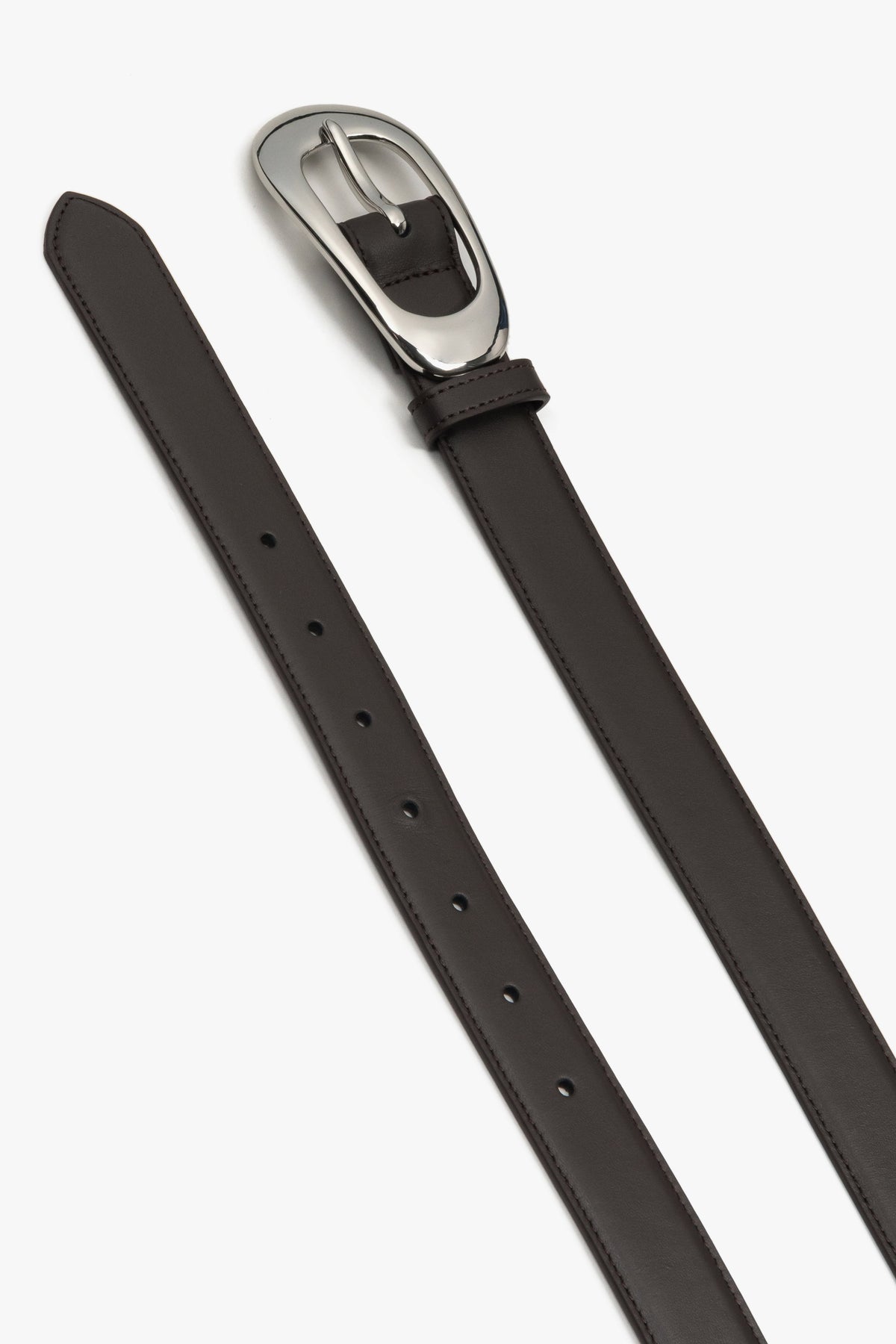 Dark brown leather belt for women with a large oval buckle.
