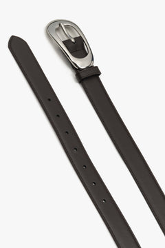 Dark brown leather belt for women with a large oval buckle.