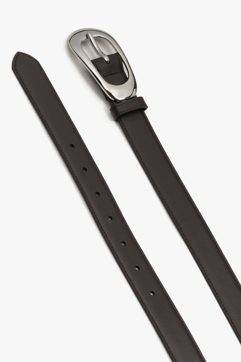 Dark brown leather belt for women with a large oval buckle.