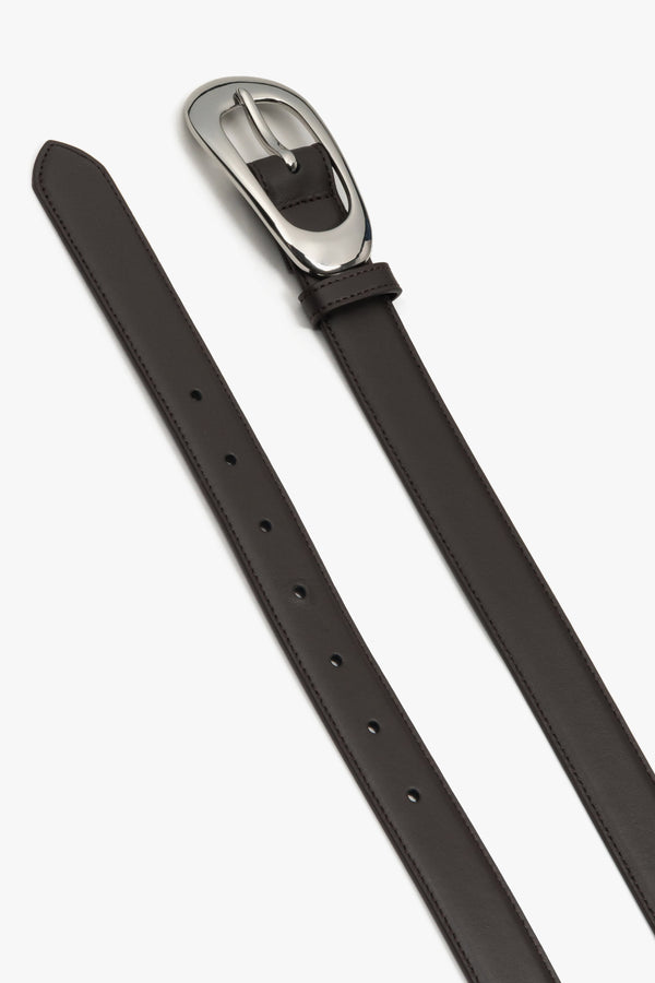 Dark brown leather belt for women with a large oval buckle.