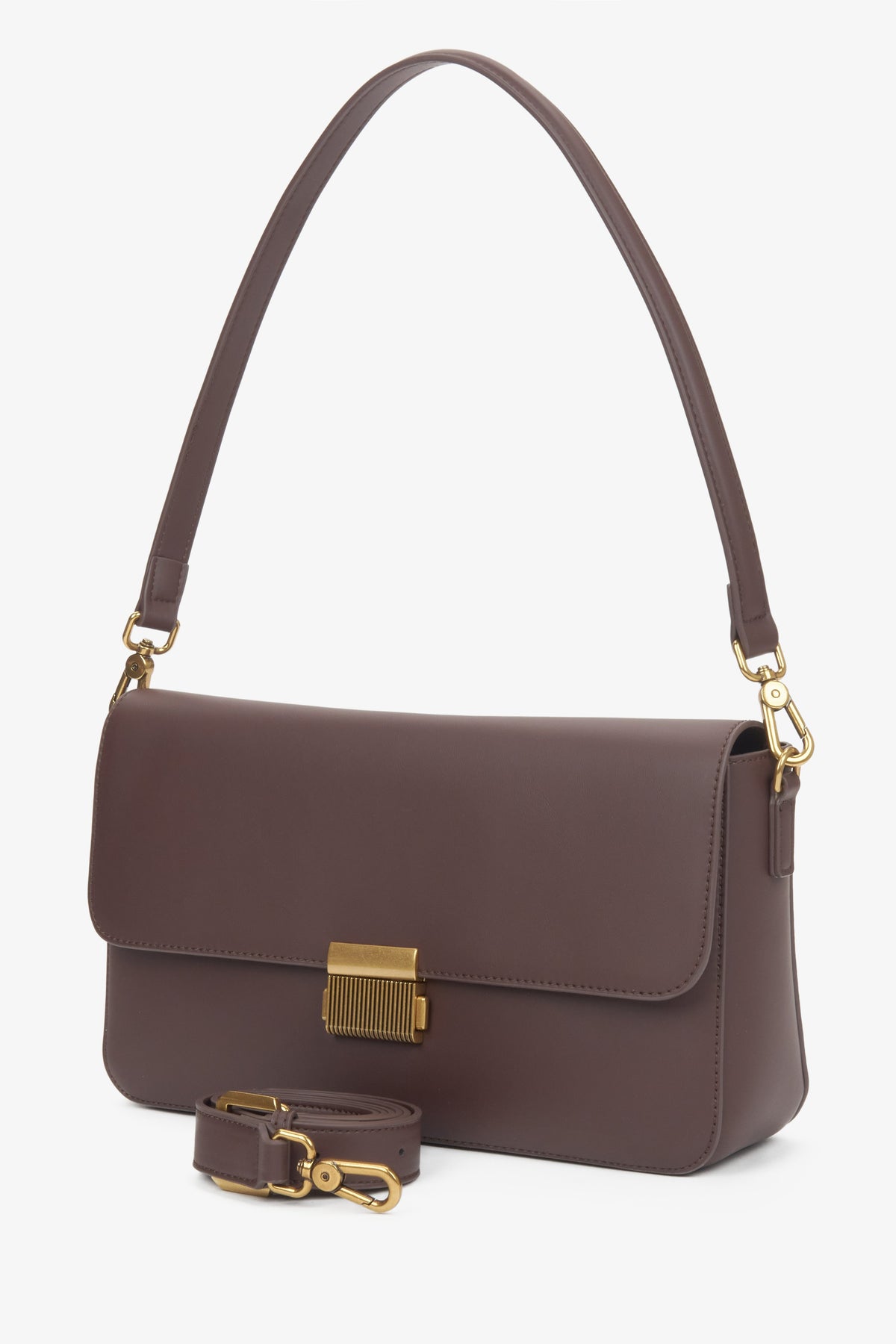 Women's dark brown genuine leather crossbody bag with gold hardware.