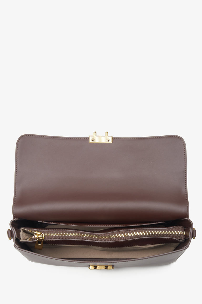 Women's crossbody bag, dark brown, made of genuine leather, with gold hardware, Estro.