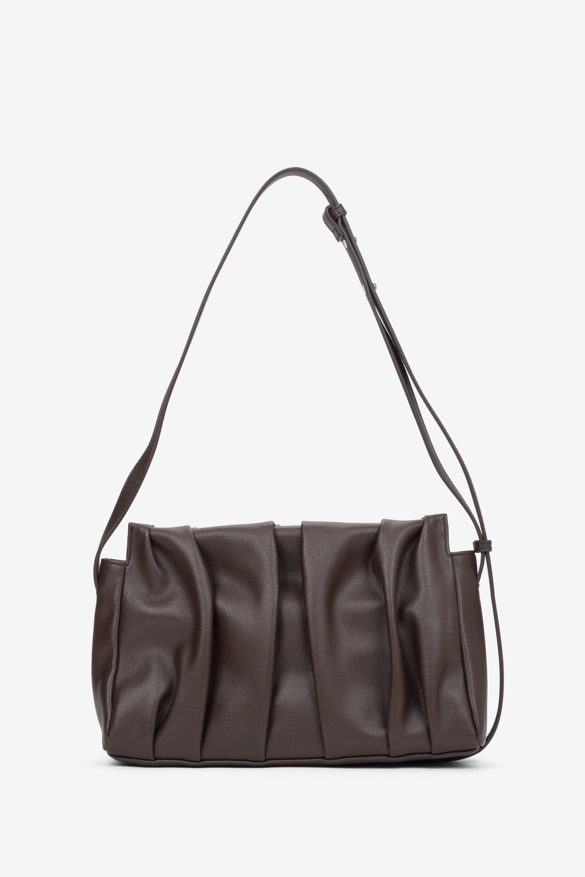 Women's dark brown genuine leather crossbody messenger bag featuring elegant vertical ruched detail, Estro.