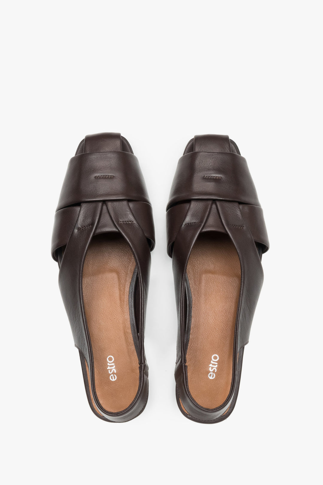 View from above of dark brown leather flat sandals.