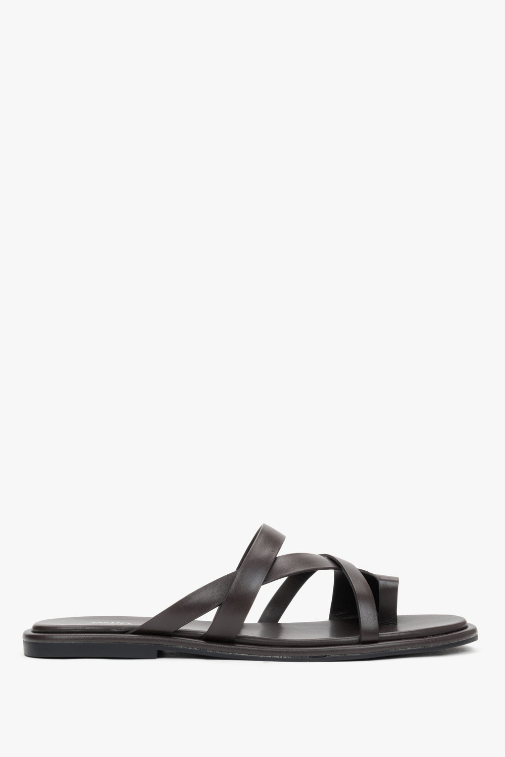 Women's Dark Brown Genuine Leather Flat Slide Sandals with Toe Loop Estro ER00119426.