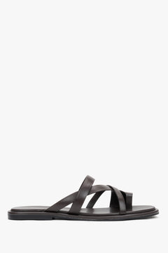 Women's Dark Brown Genuine Leather Flat Slide Sandals with Toe Loop Estro ER00119426.