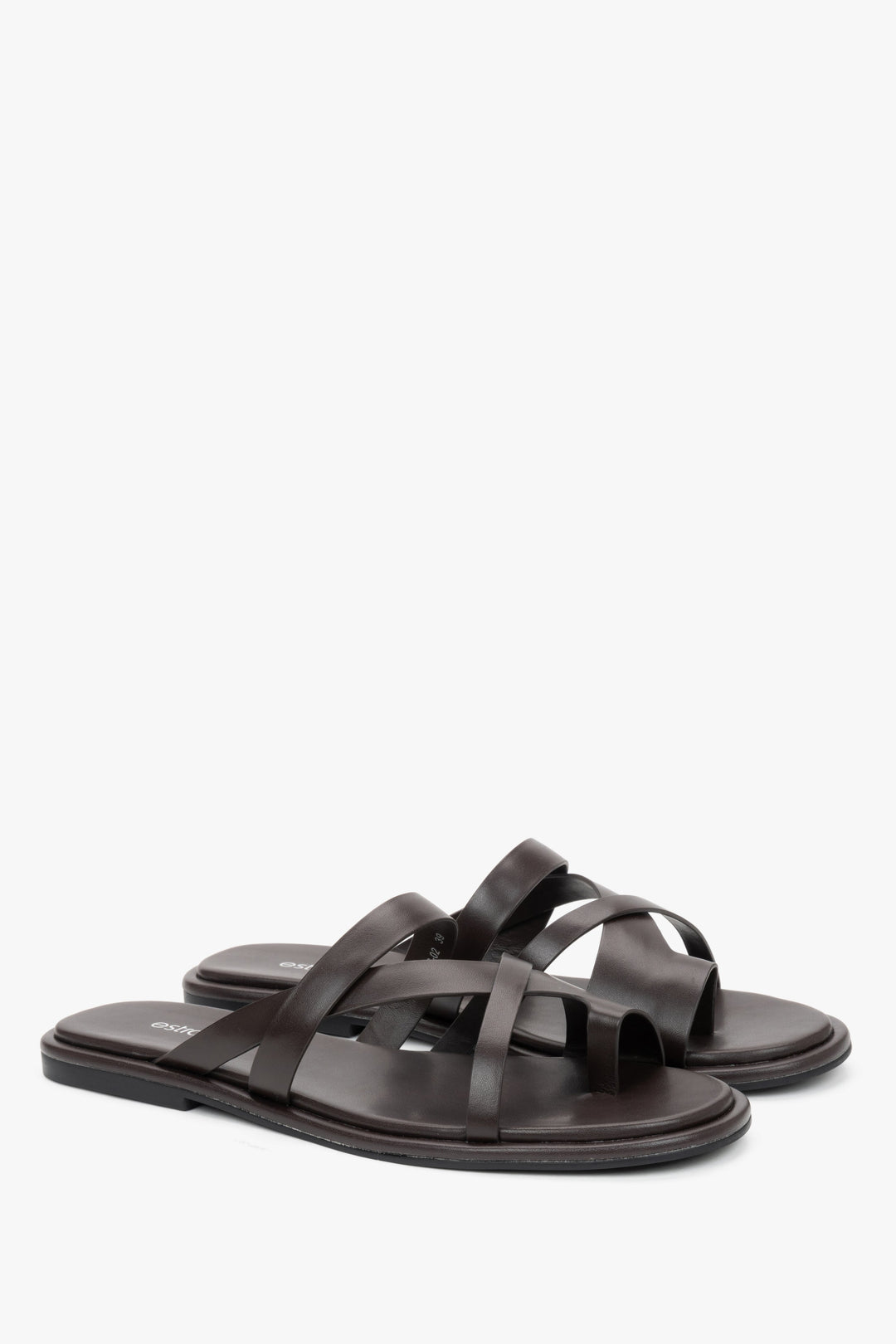 Dark brown women's leather slide sandals with crossed straps and toe loop, Estro.