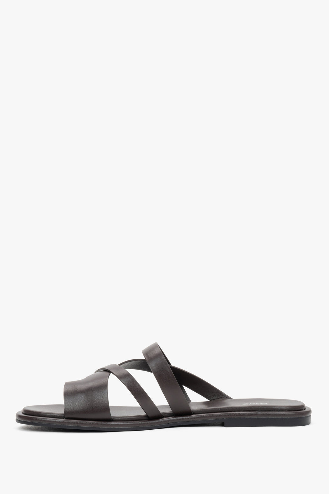 Elegant dark brown genuine leather flat slides with a comfortable toe ring.