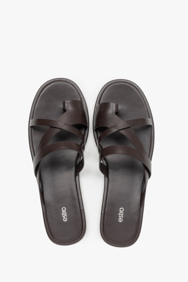 Women's minimalist dark brown leather slide sandals with soft interwoven straps.