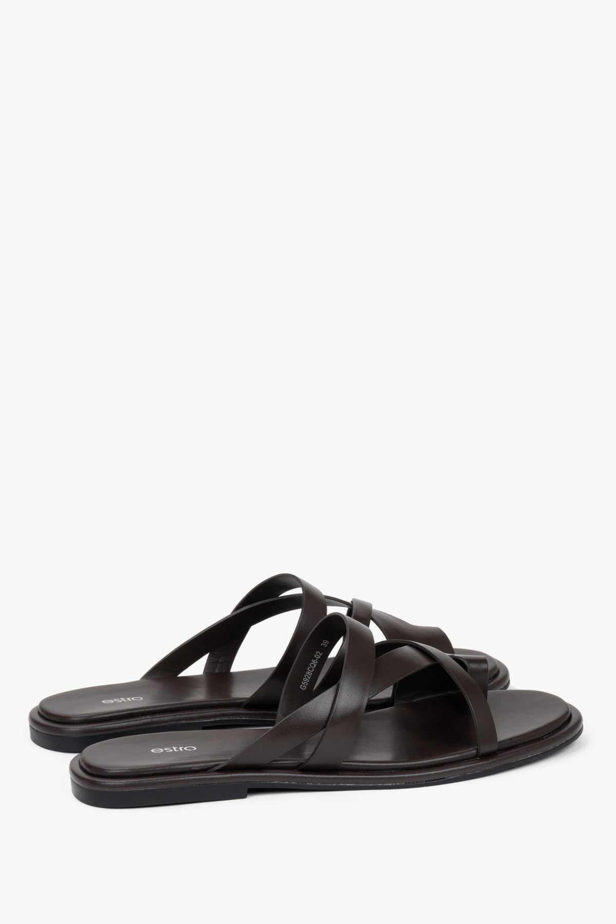 Estro dark brown summer slide sandals featuring a premium chevro leather insole.