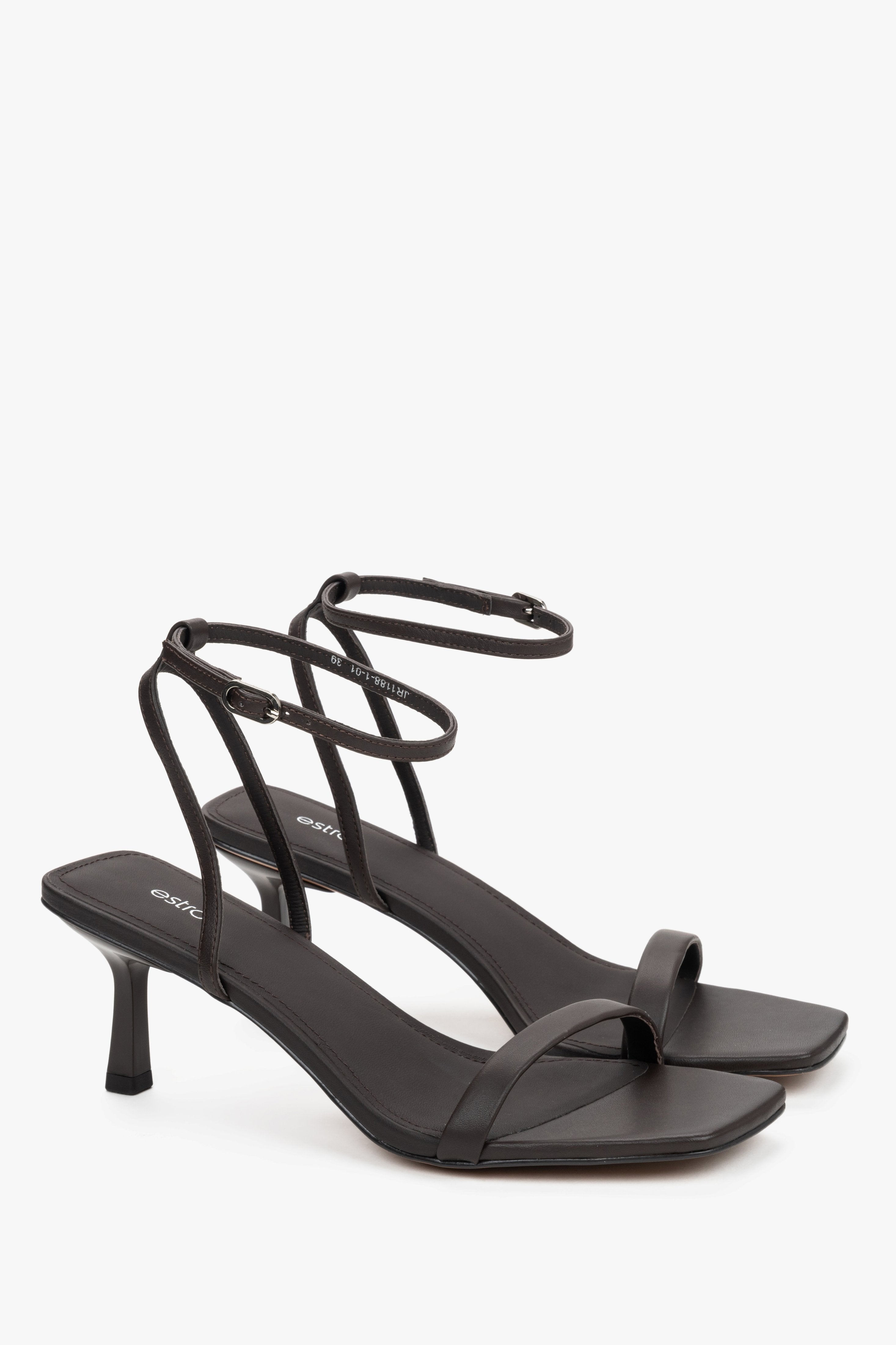 Side view of women's dark brown leather sandals with funnel heel