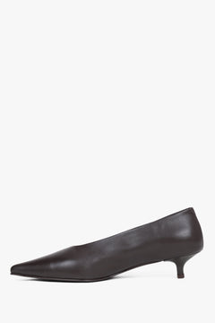 Women’s dark brown slip on heels with V-cut upper and pointed toe.