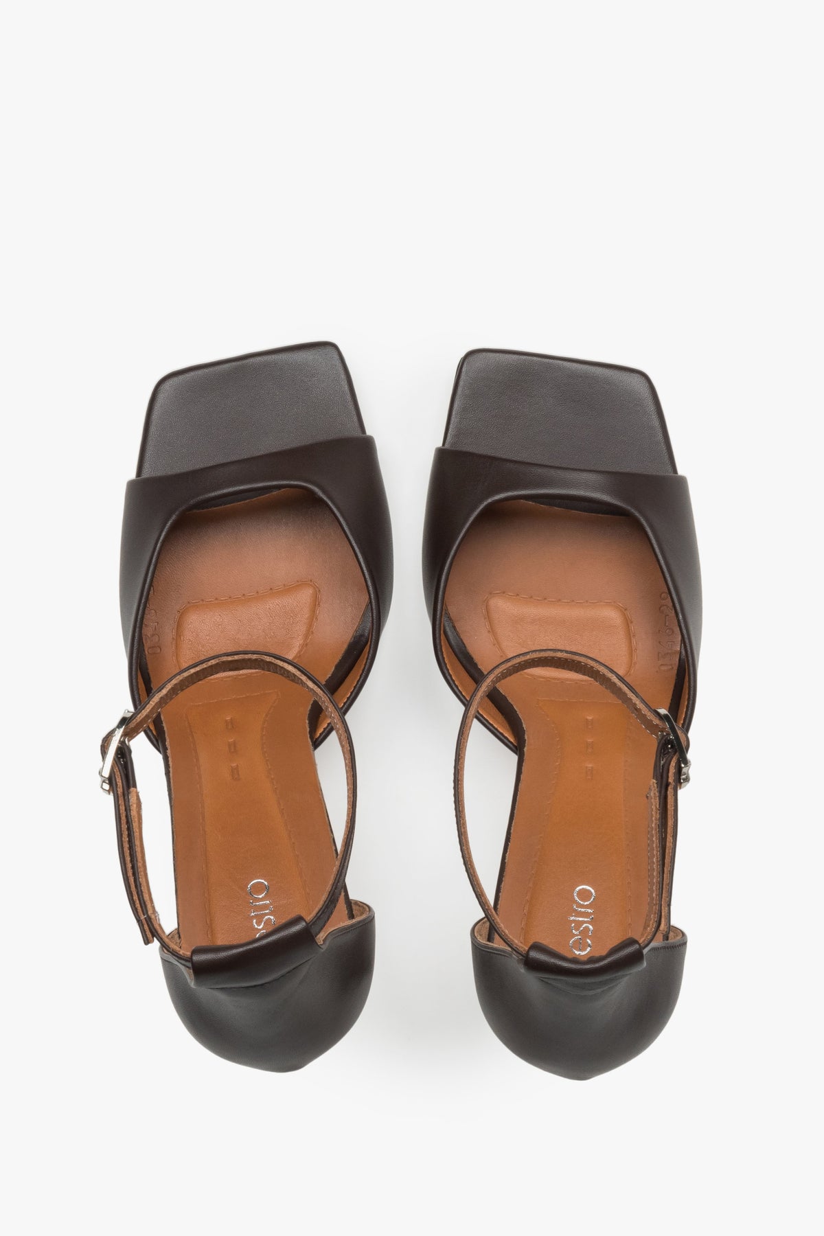 Women’s leather sandals with an open heel, featuring a modern square toe and an arrangement of soft straps - dark brown colour. 