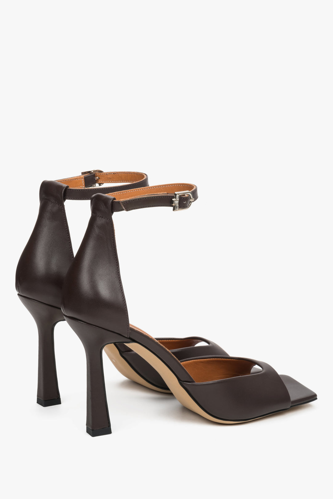 Elegant women’s sandals by Estro, crafted from smooth genuine leather and featuring delicate straps with a precise buckle fastening - dark brown.