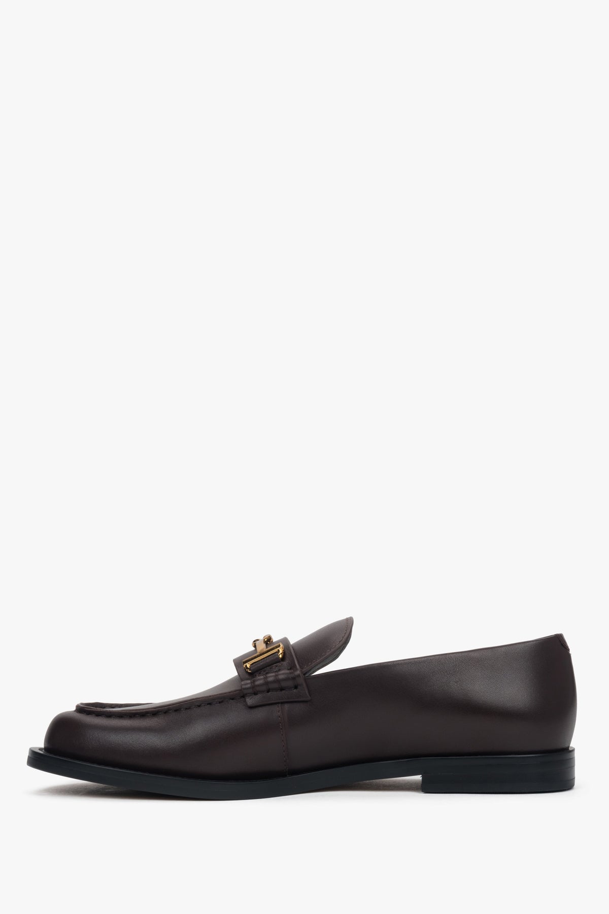 Dark brown women’s genuine leather loafers with a decorative buckle.
