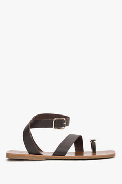 Women’s Dark Brown Leather Sandals With Decorative Toe Ring Estro ER00119692.