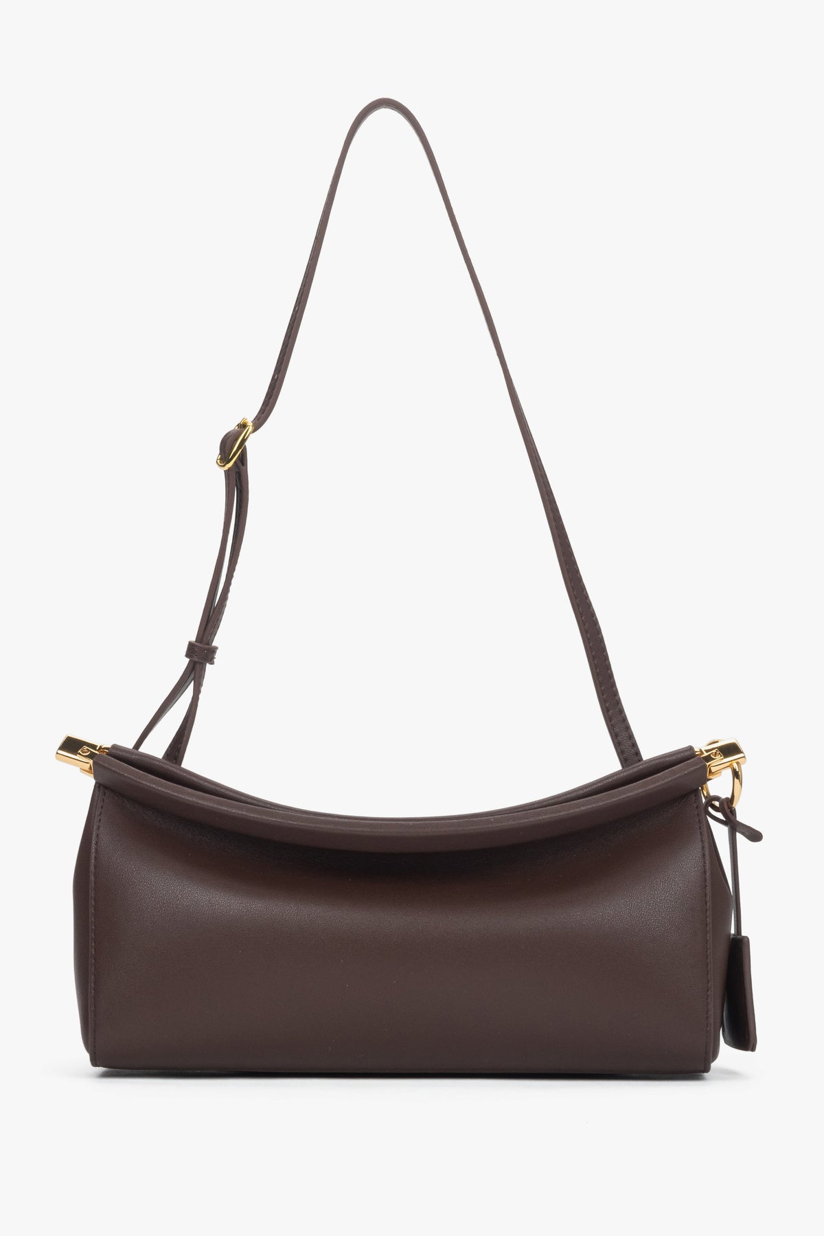 Dark brown women’s shoulder bag in genuine leather with gold hardware.