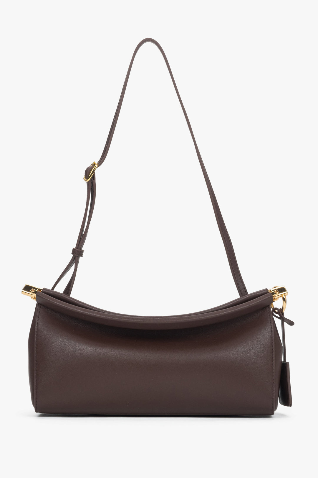 Dark brown women’s shoulder bag in genuine leather with gold hardware.