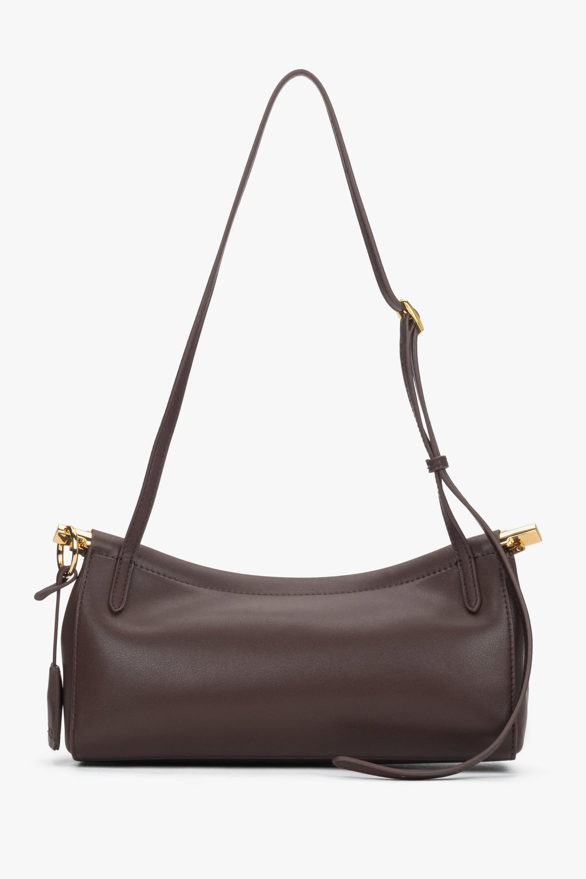 Compact leather shoulder bag featuring one main compartment and interior pocket.