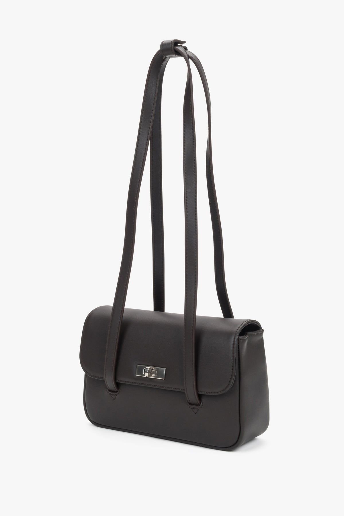 Women's dark brown leather bag Estro - front view showing long handles and silver-tone accents.