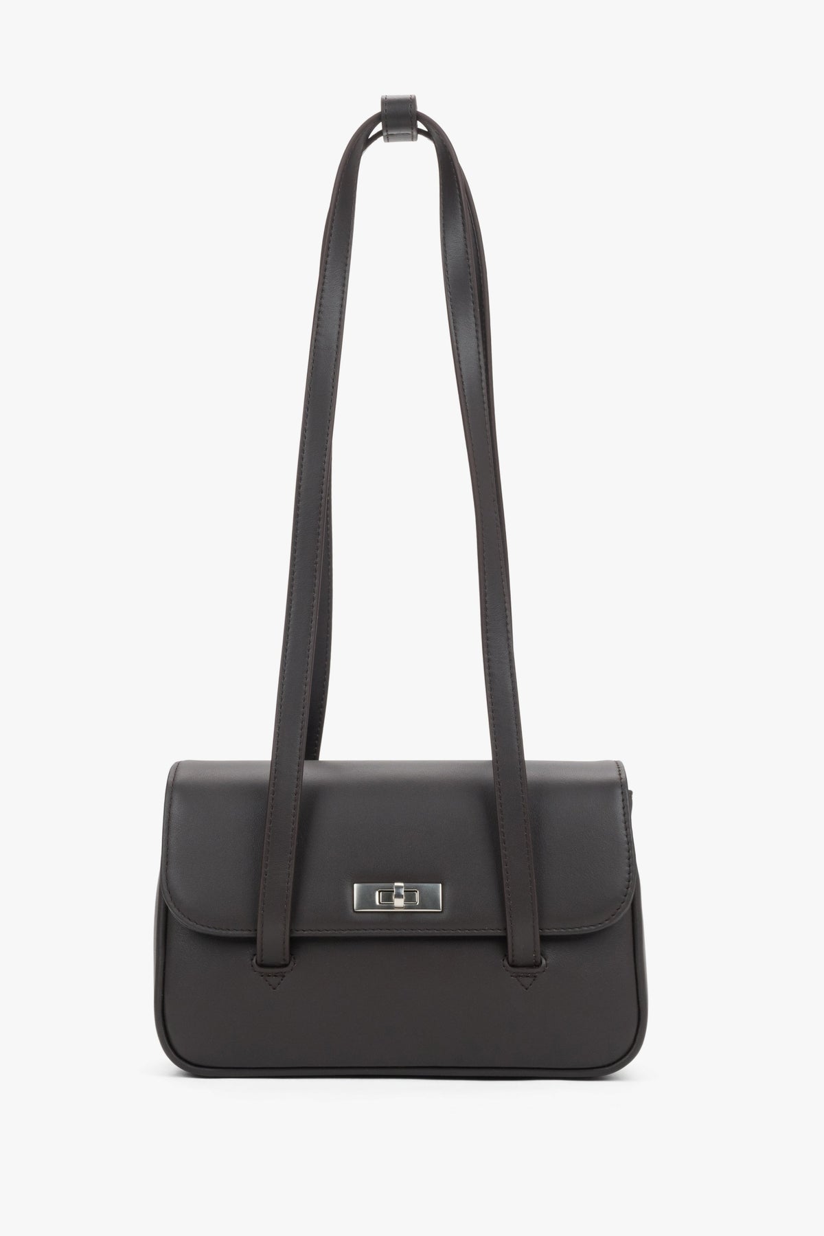 Women's dark brown leather bag Estro - front view showing long handles and silver-tone accents.