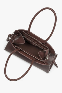 Dark brown leather bowler shoulder bag with side ties, Estro.