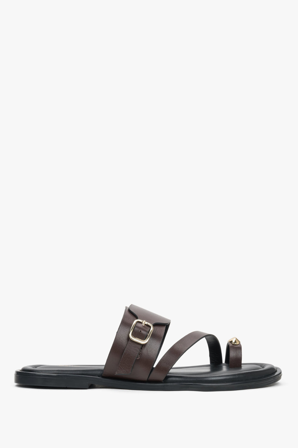 Women’s Dark Brown Leather Slides with Gold Buckle and Toe Loop Estro ER00119559.
