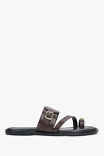 Women’s Dark Brown Leather Slides with Gold Buckle and Toe Loop Estro ER00119559.